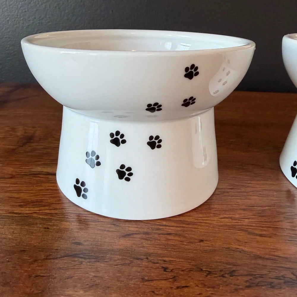 Necoichi White Ceramic Paw Print Cat Bowls